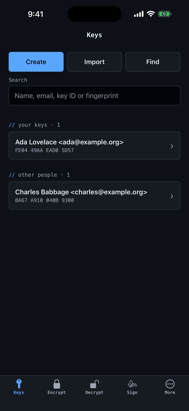 The Keys tab, listing your key and a correspondent’s, each with its fingerprint.